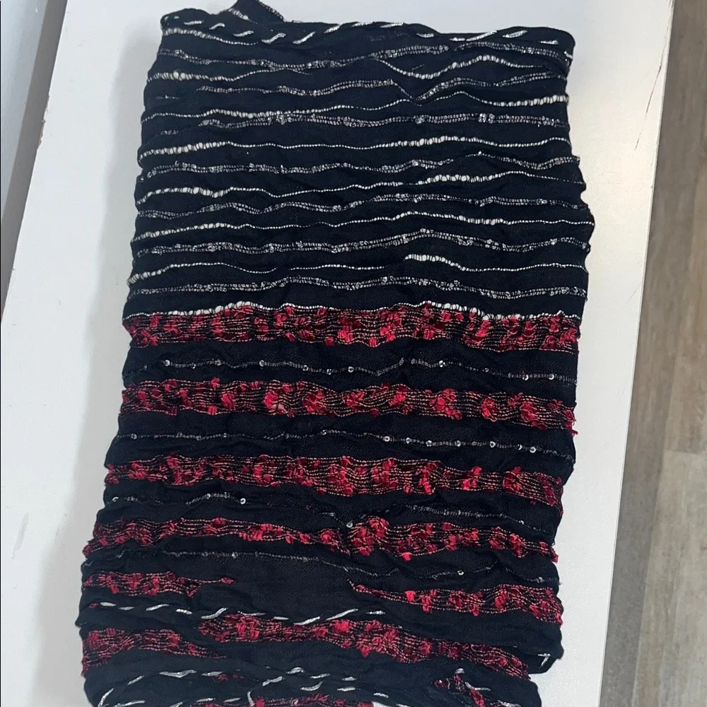 Bohemian Mixed Textile Fabric Infinity Scarf, Sequins, Sparkle Black Red Cream